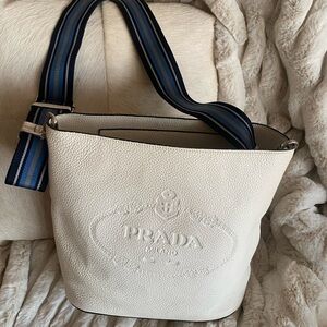 Prada Cream Leather Shoulder Bag with Blue Strap-Authentic!